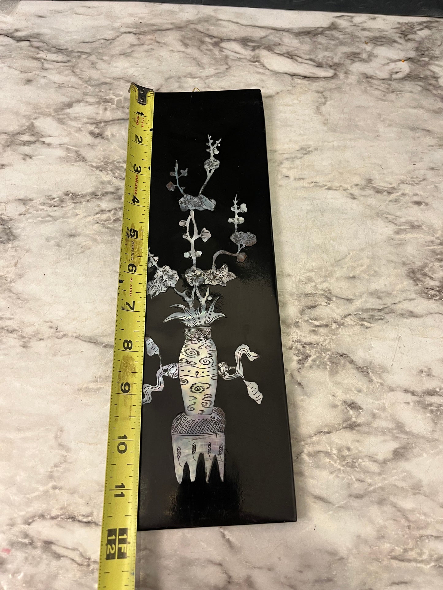 Black Laquer Asian Wall Panel Vase Spike with Mother of Pearl