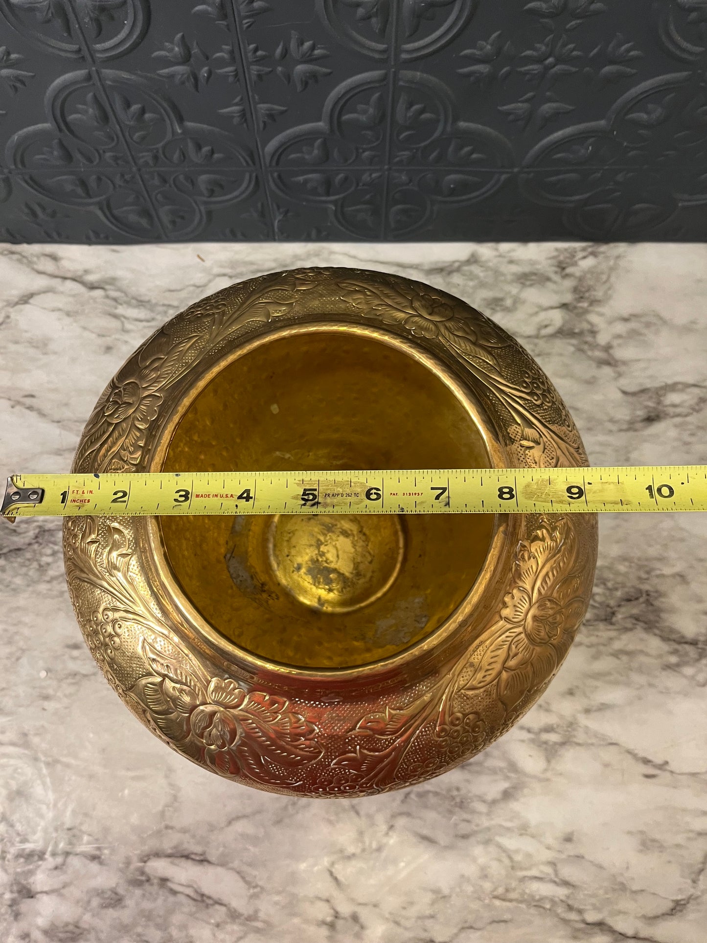 Embossed top half Round Brass Pot