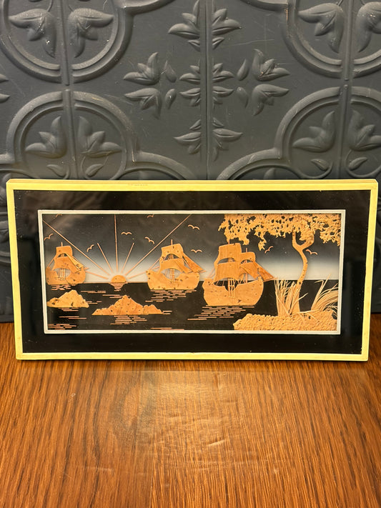 Japanese Framed Cork Art of Ships
