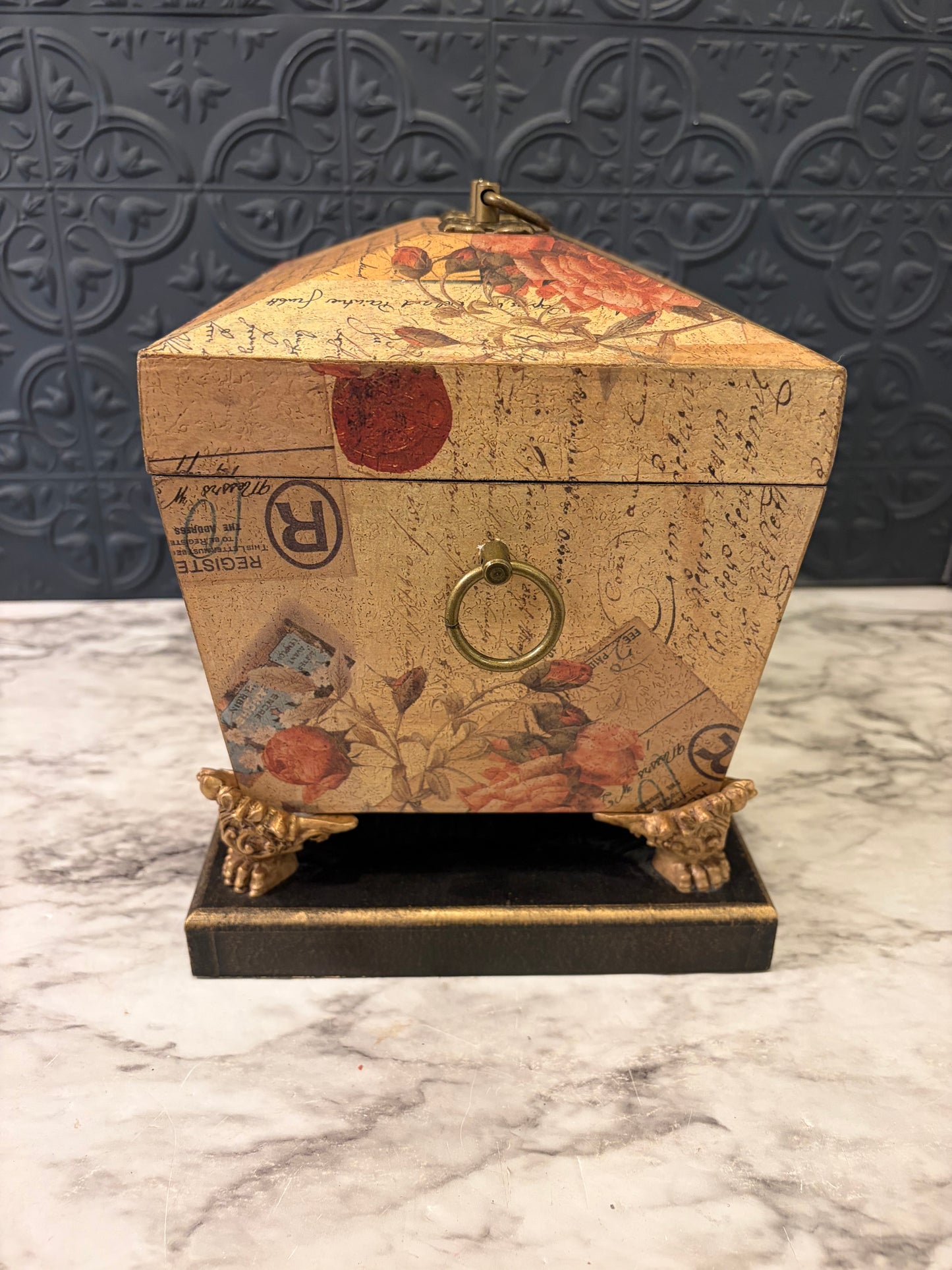 Floral Box with handles and Feet on Wood Base