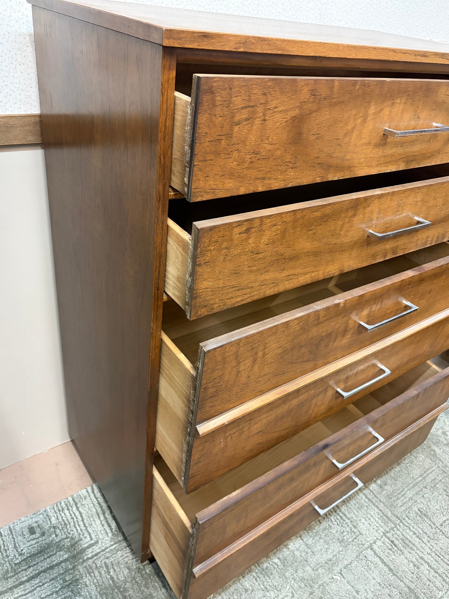 1970's Walnut and Chrome Highboy Dresser