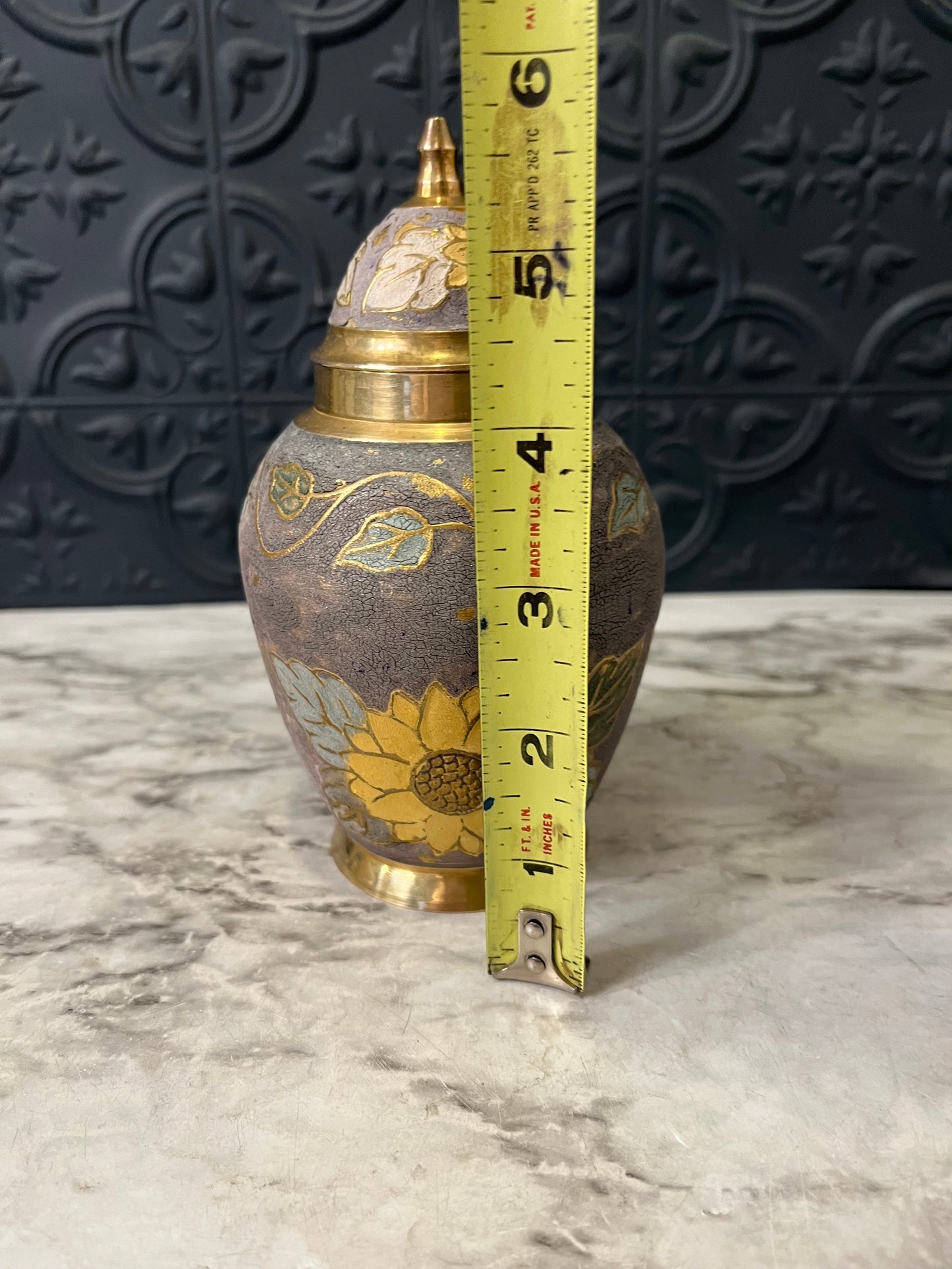 Brass and Enamel Urn with Sunflower