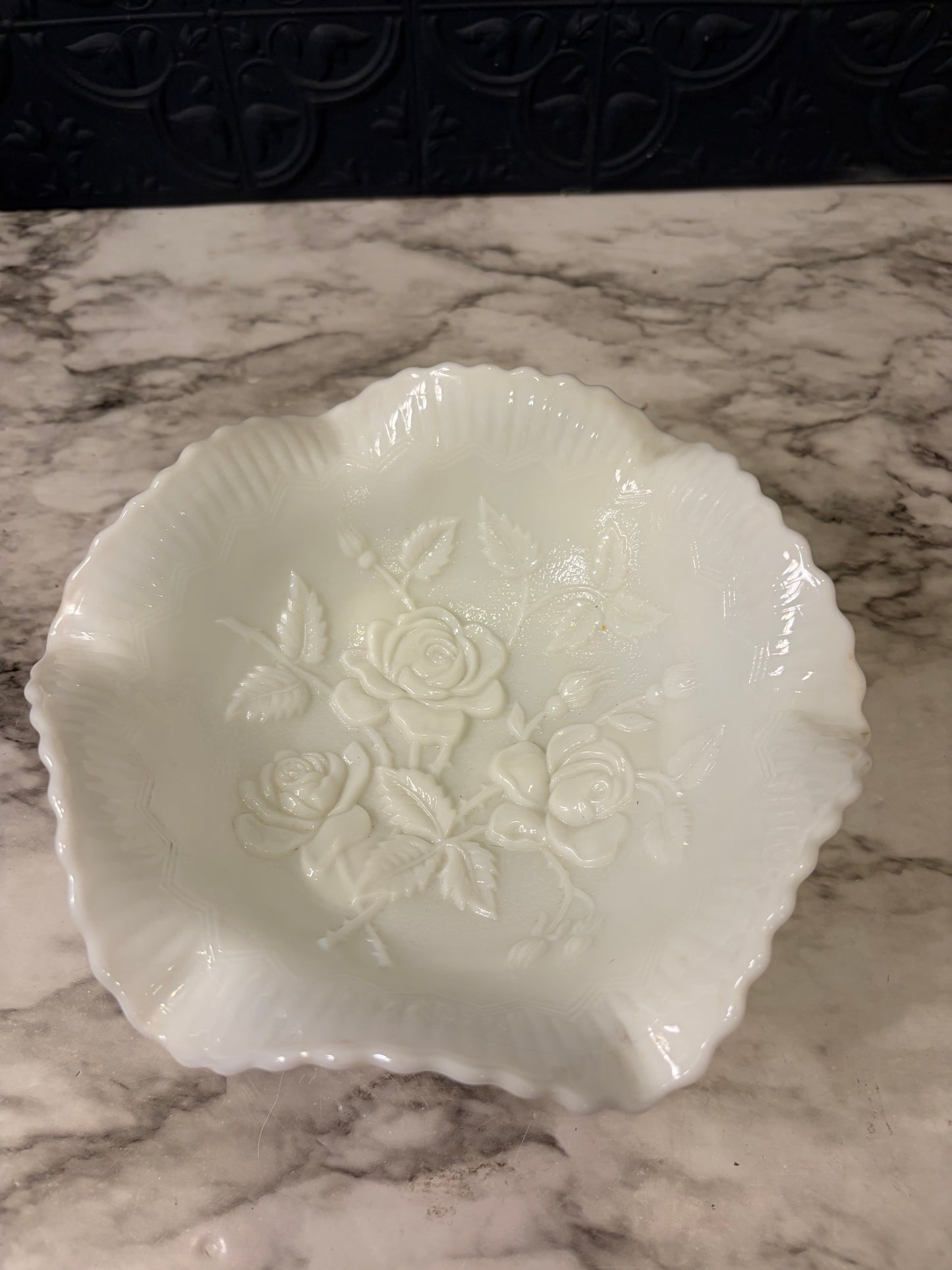 Milk Glass Ruffled Rose Embossed Footed Dish