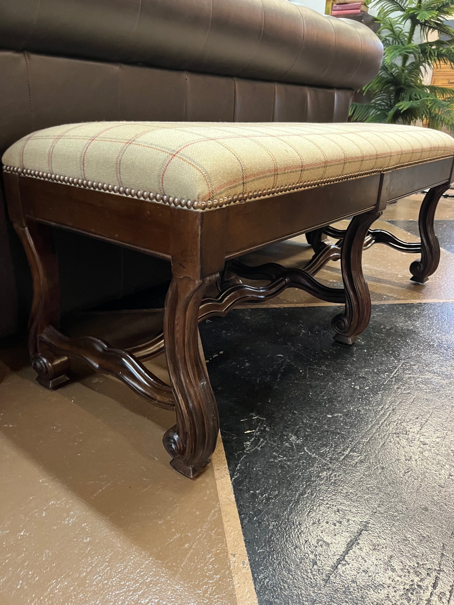 Carved Wood 4ft Bench with Fabric Seat