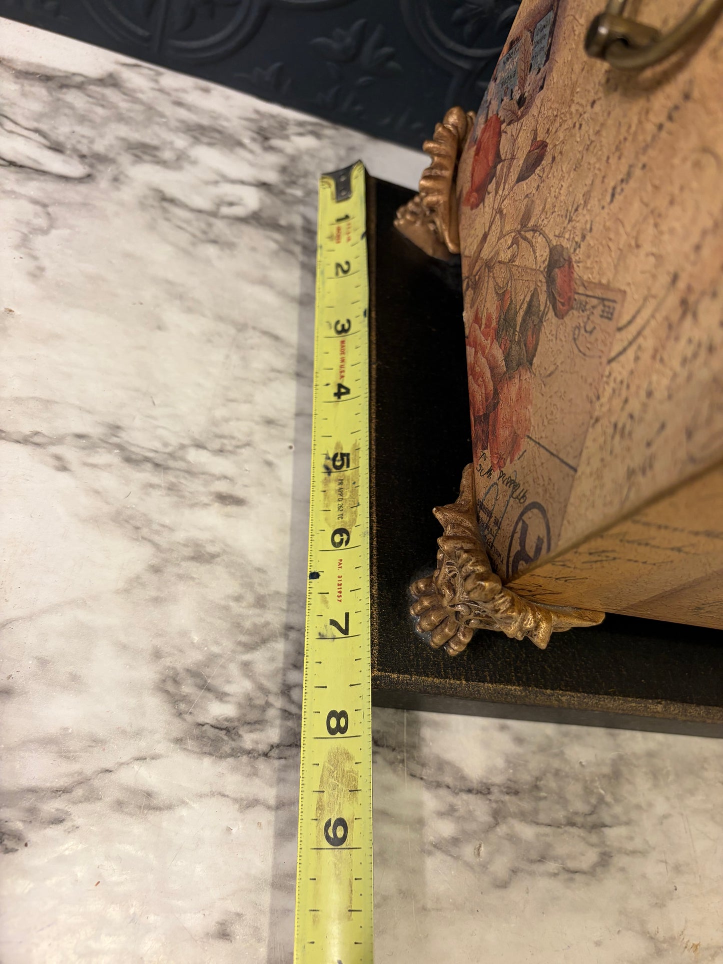 Floral Box with handles and Feet on Wood Base