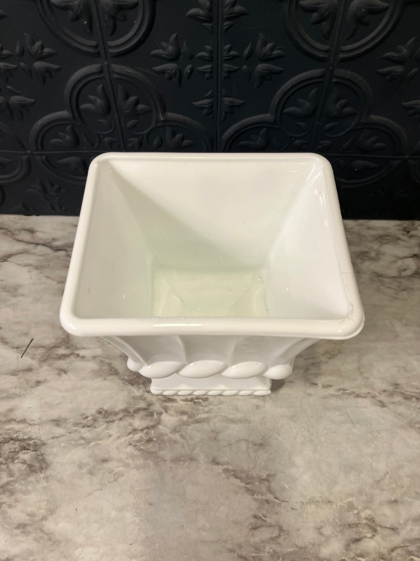 White Milk Glass Pedestal Planter Square with Rope detail