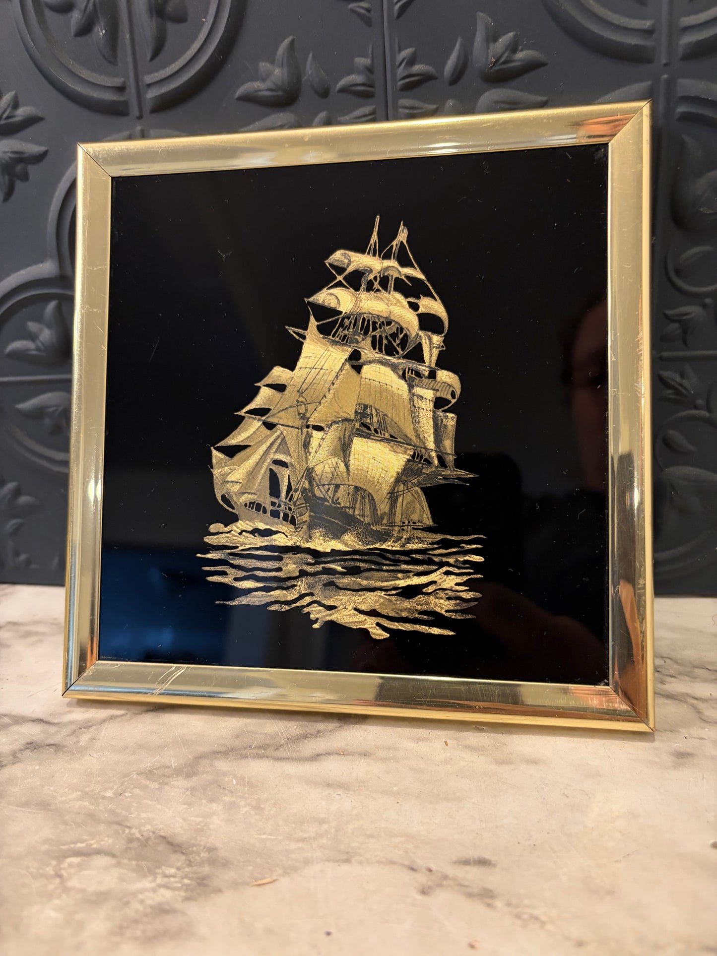 Gold Foil Ship on Black Framed