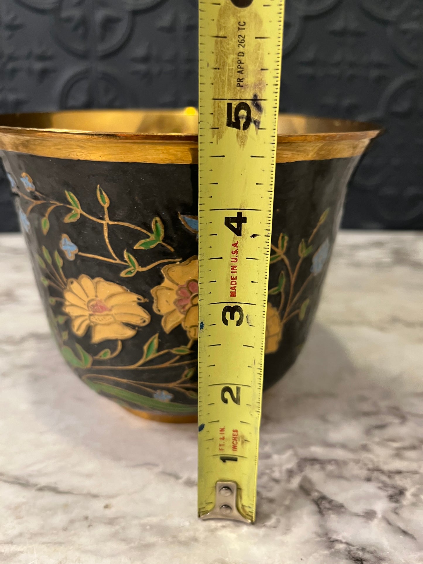 Cloisonne enameled Brass Pot  Navy with flowers