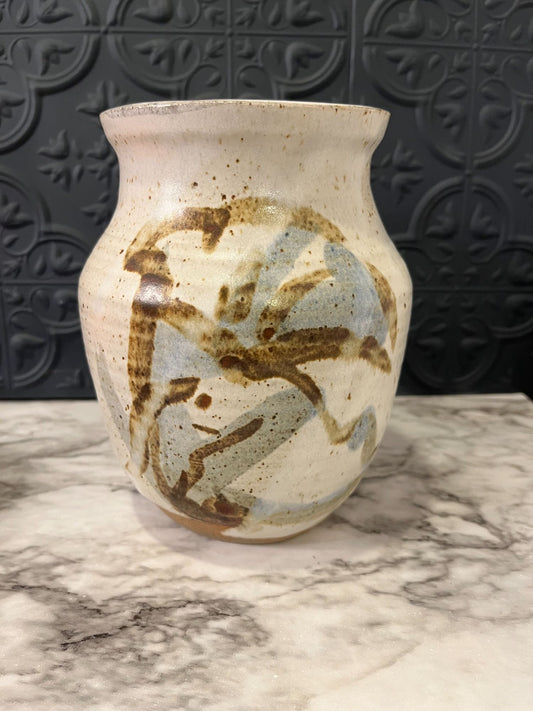 Pottery Vase Cream with  Brown/blue flowers