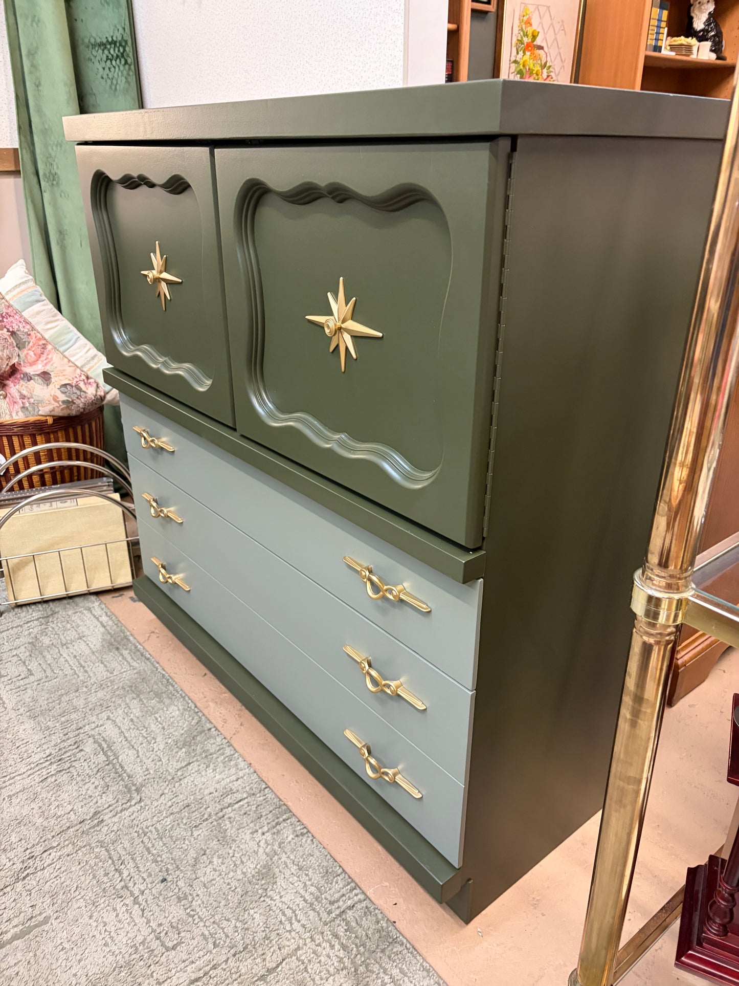 Mid Century Dresser with Two Tone Paint Green Highboy
