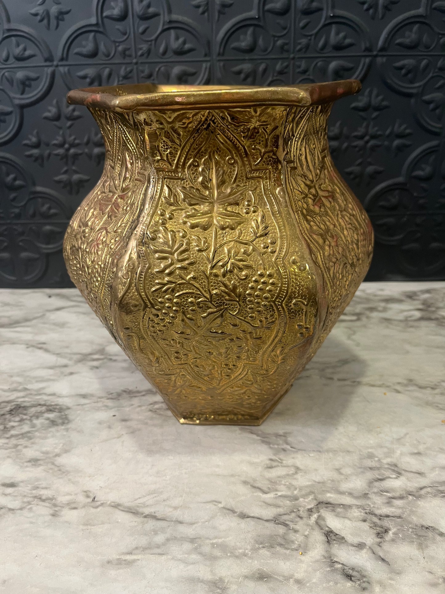 Decorative Hammered Brass Vase with Fluted Top