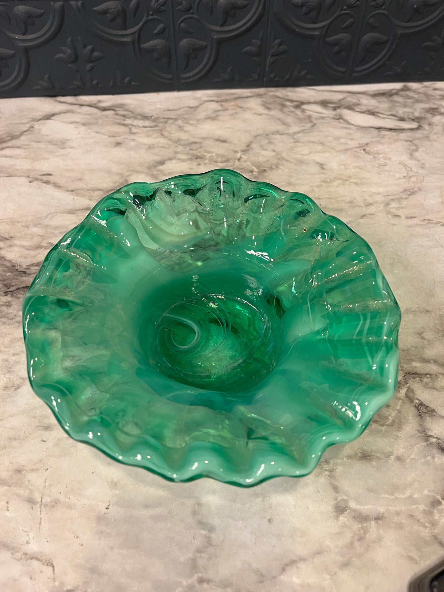Hand Blown Green Glass Bowl with Ruffle