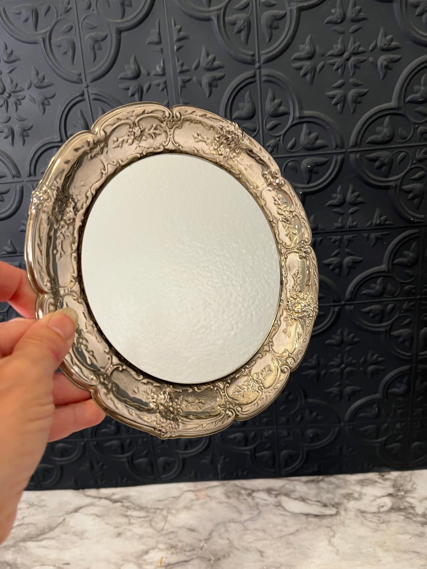 Round Ornate Silver tone mirror tray