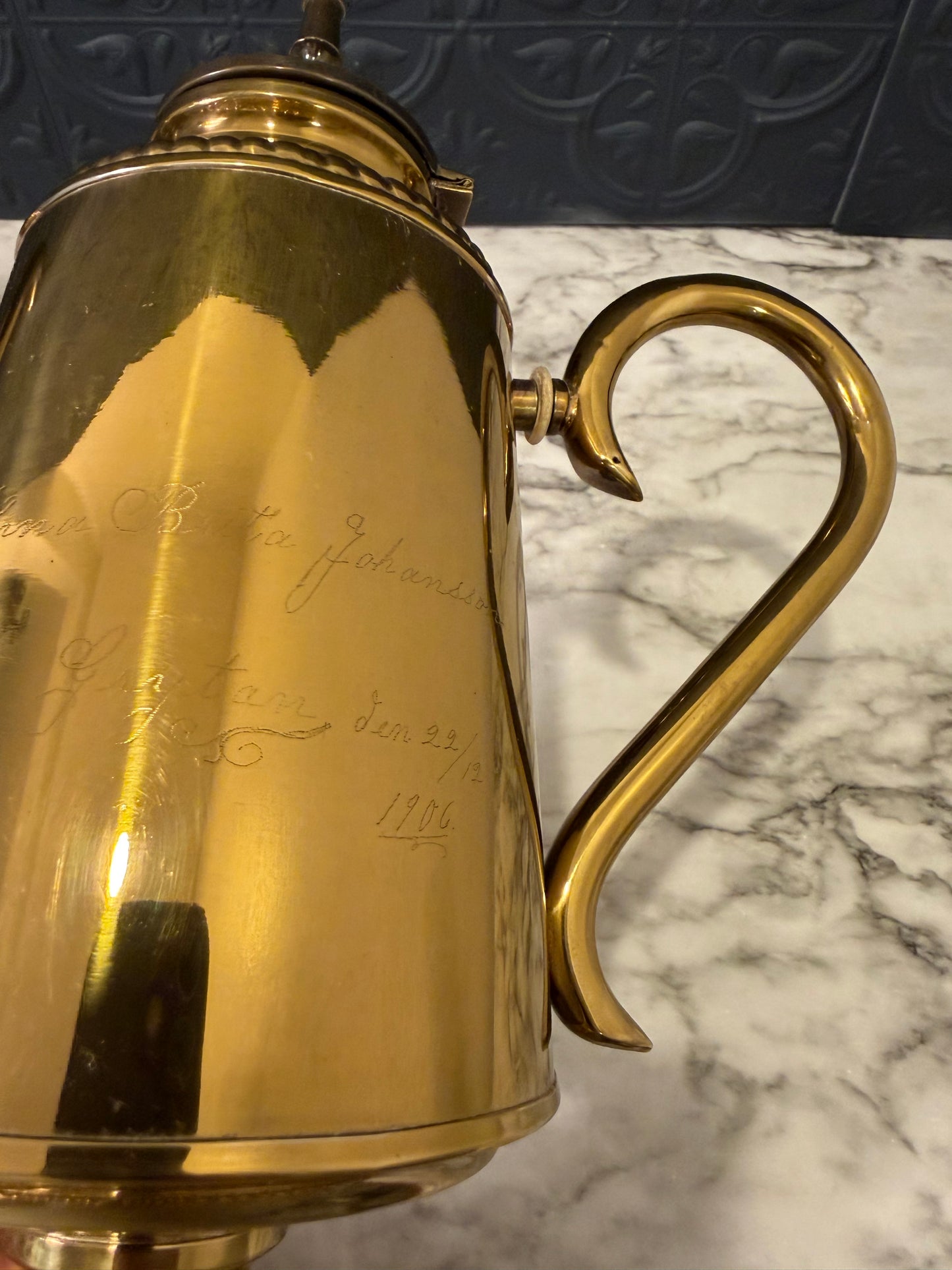 Antique Brass Teapot with Etching 1906