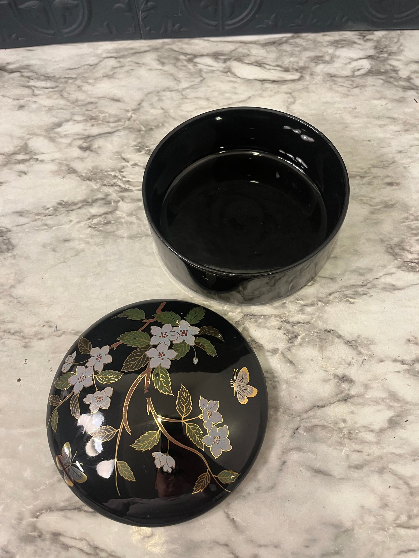 Black Ceramic Lidded Dish with Cherry Blossoms