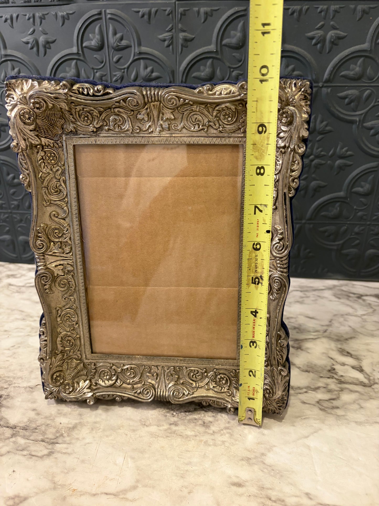 Vintage Ornate Silver tone Frame with Bllue Velvet Back