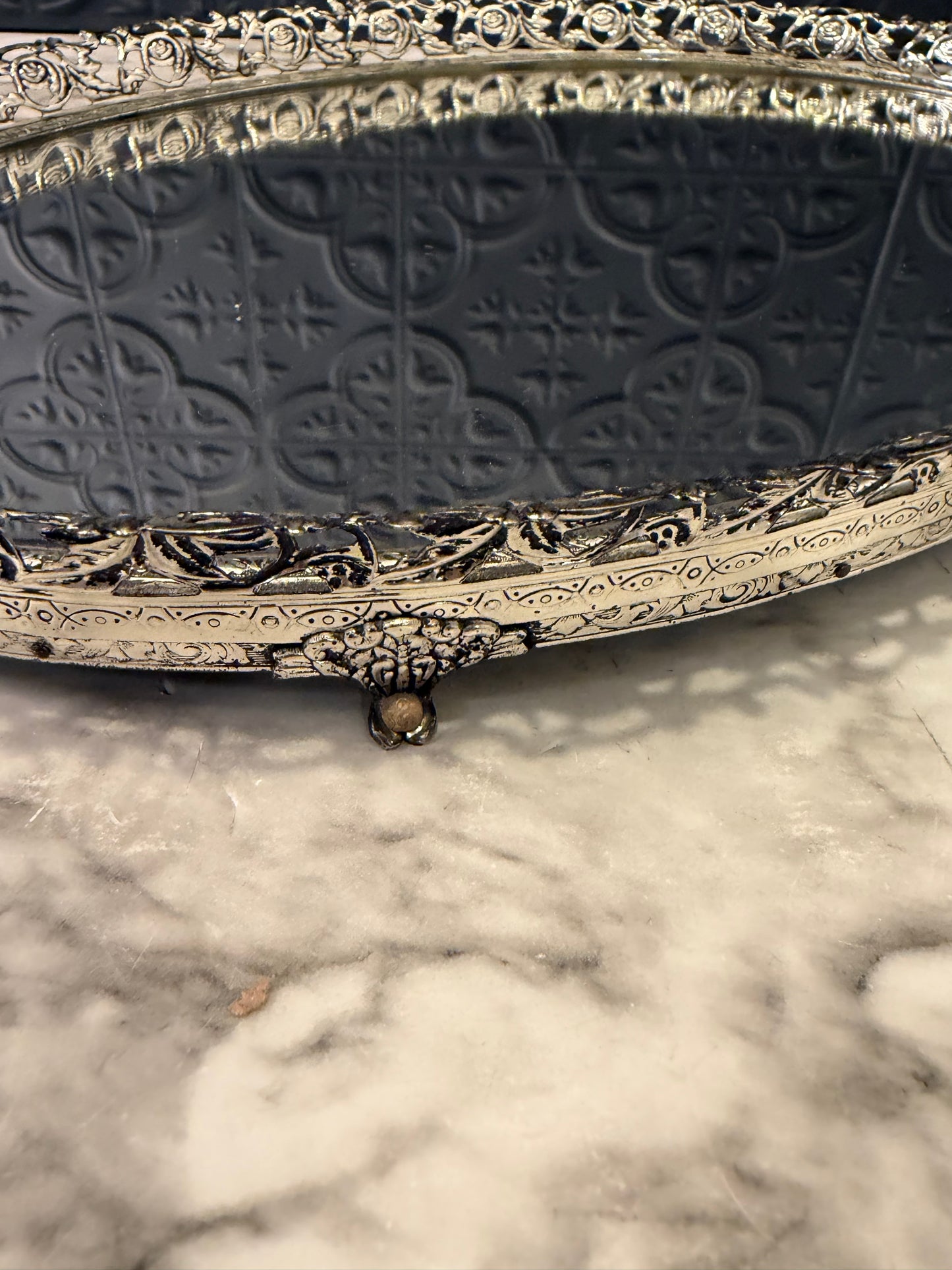 14" Silvertone Filigree Oval Mirror Tray