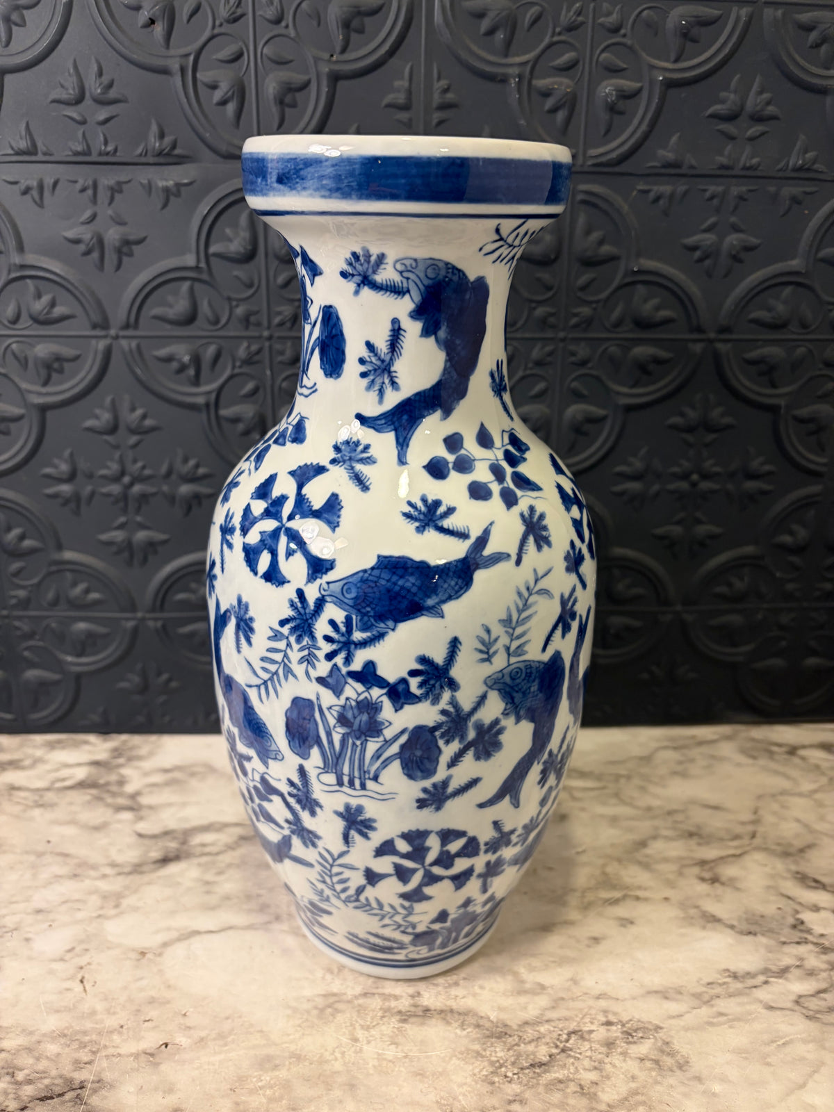 Chinoiserie Koi Fish Blue and White Vase