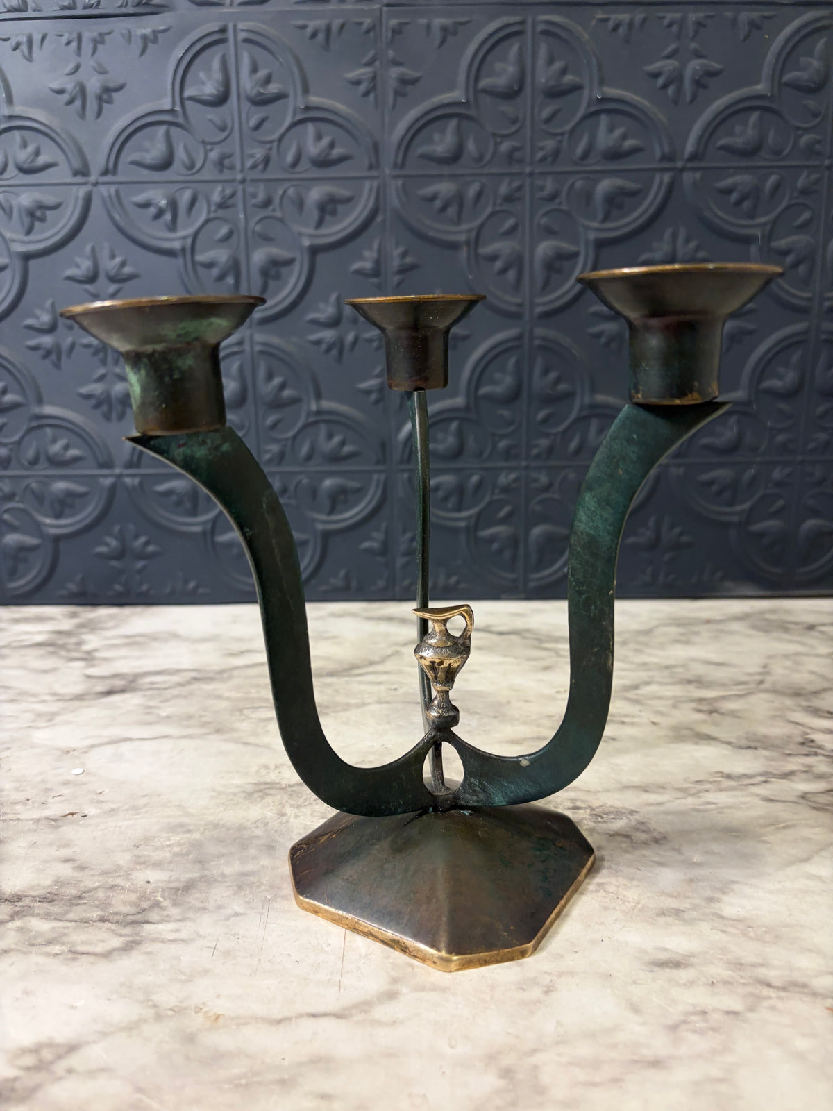 Triple Patina Candle Holder with Small Vase in Middle