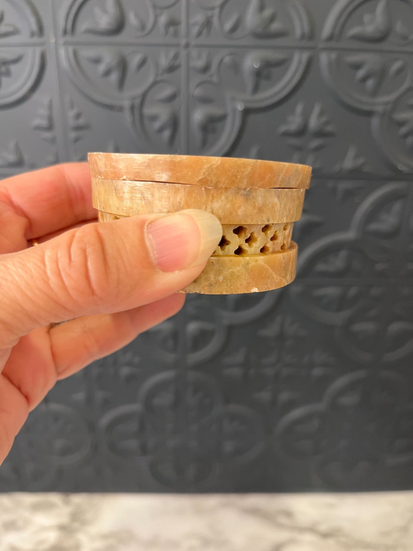 Round Stone Box with flower  inlay