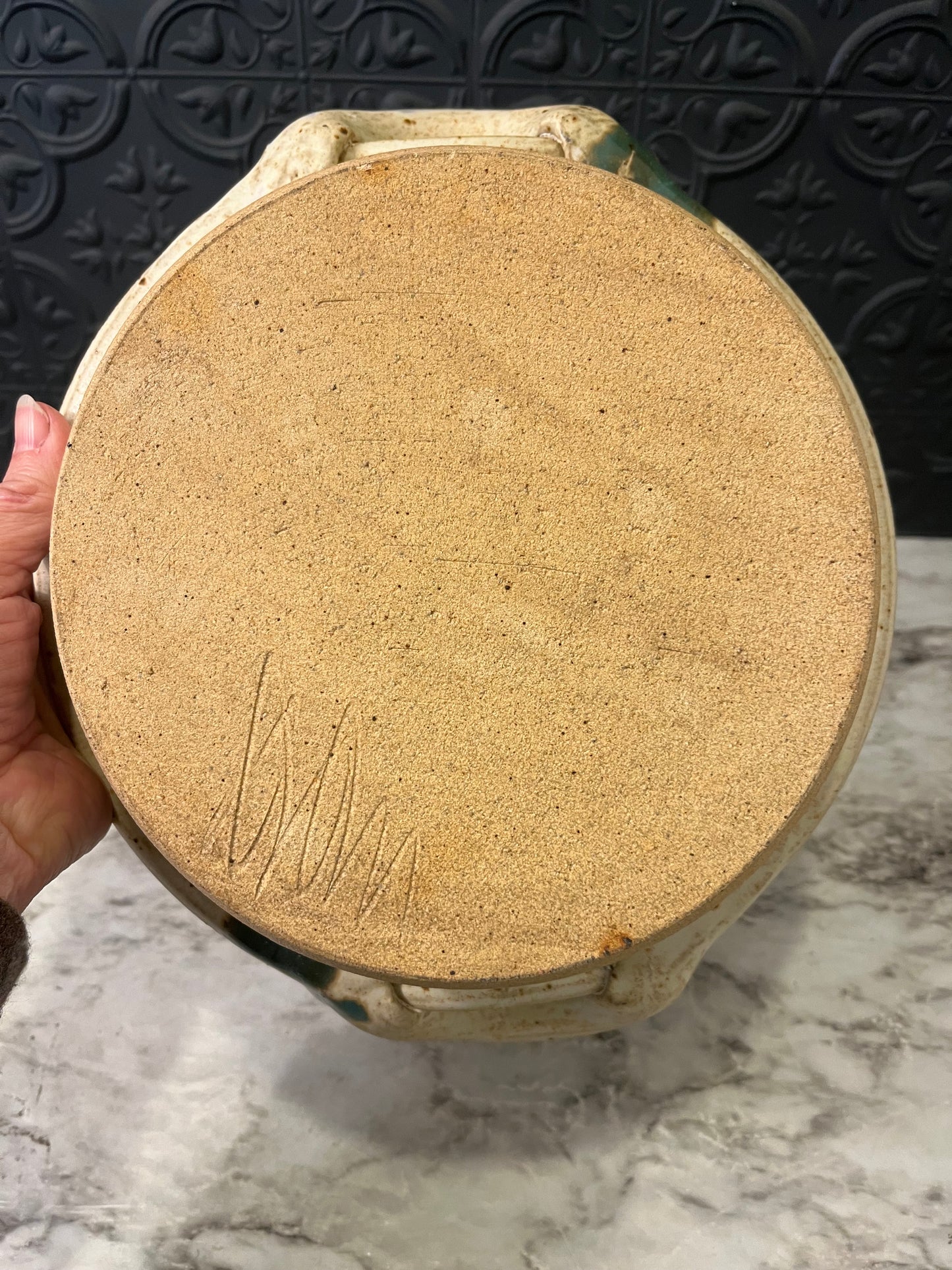 Stoneware Handled Shallow bowl with Green Stripe
