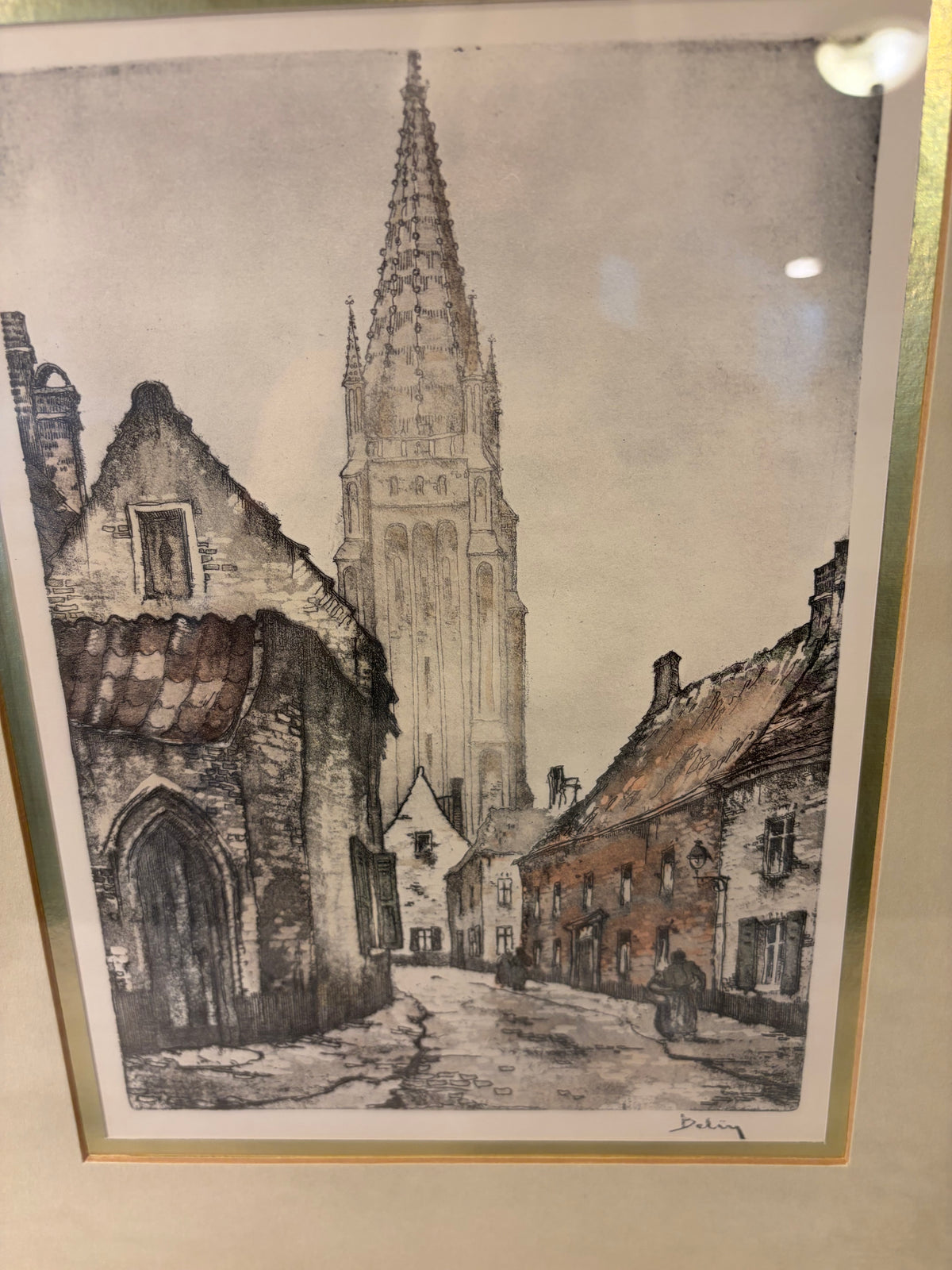 Print of Colored Etching by Roger Hebbelinck Street with Cathedral