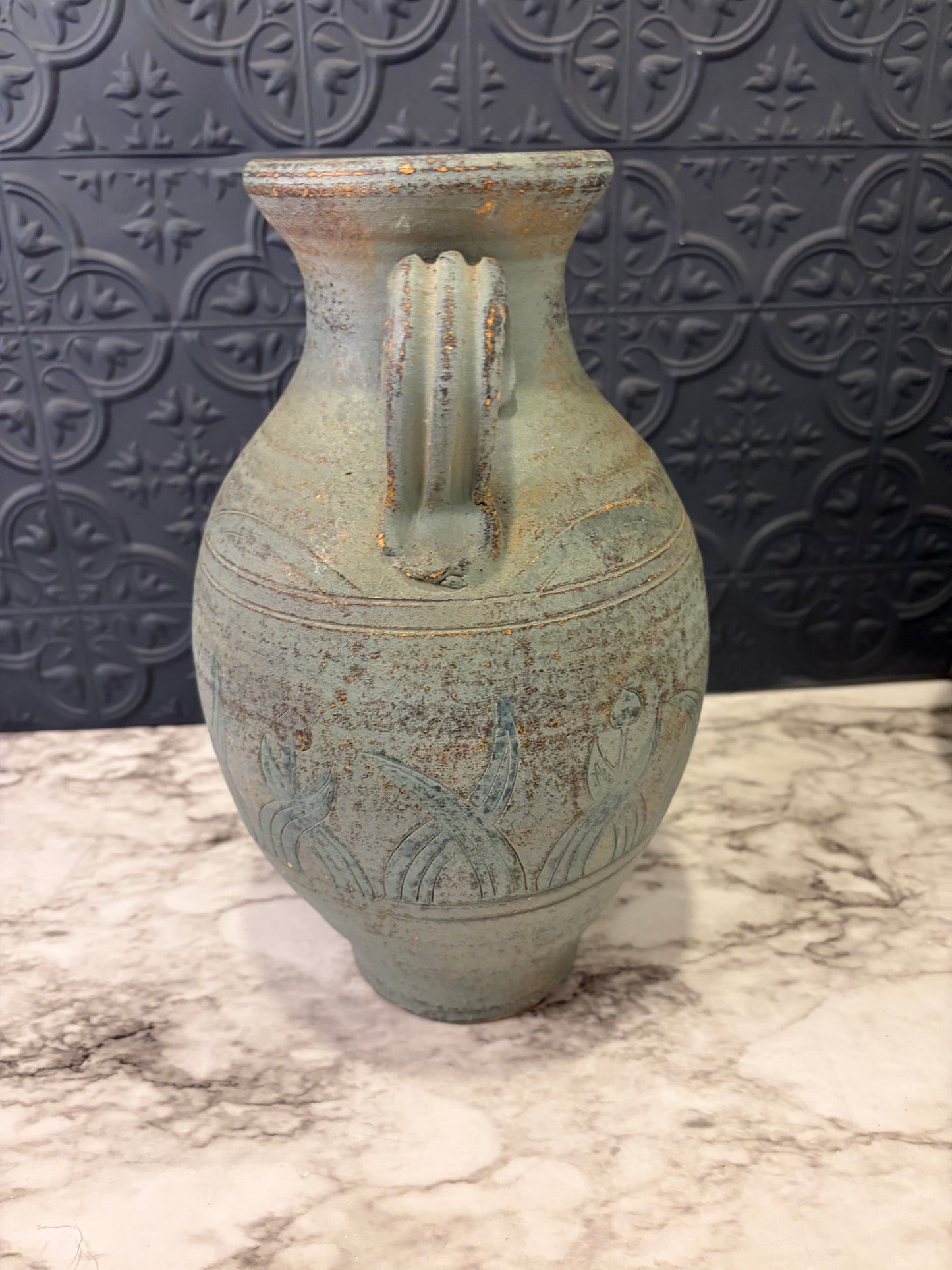 Blue Tone Terracotta Double Handle Jug with Etching