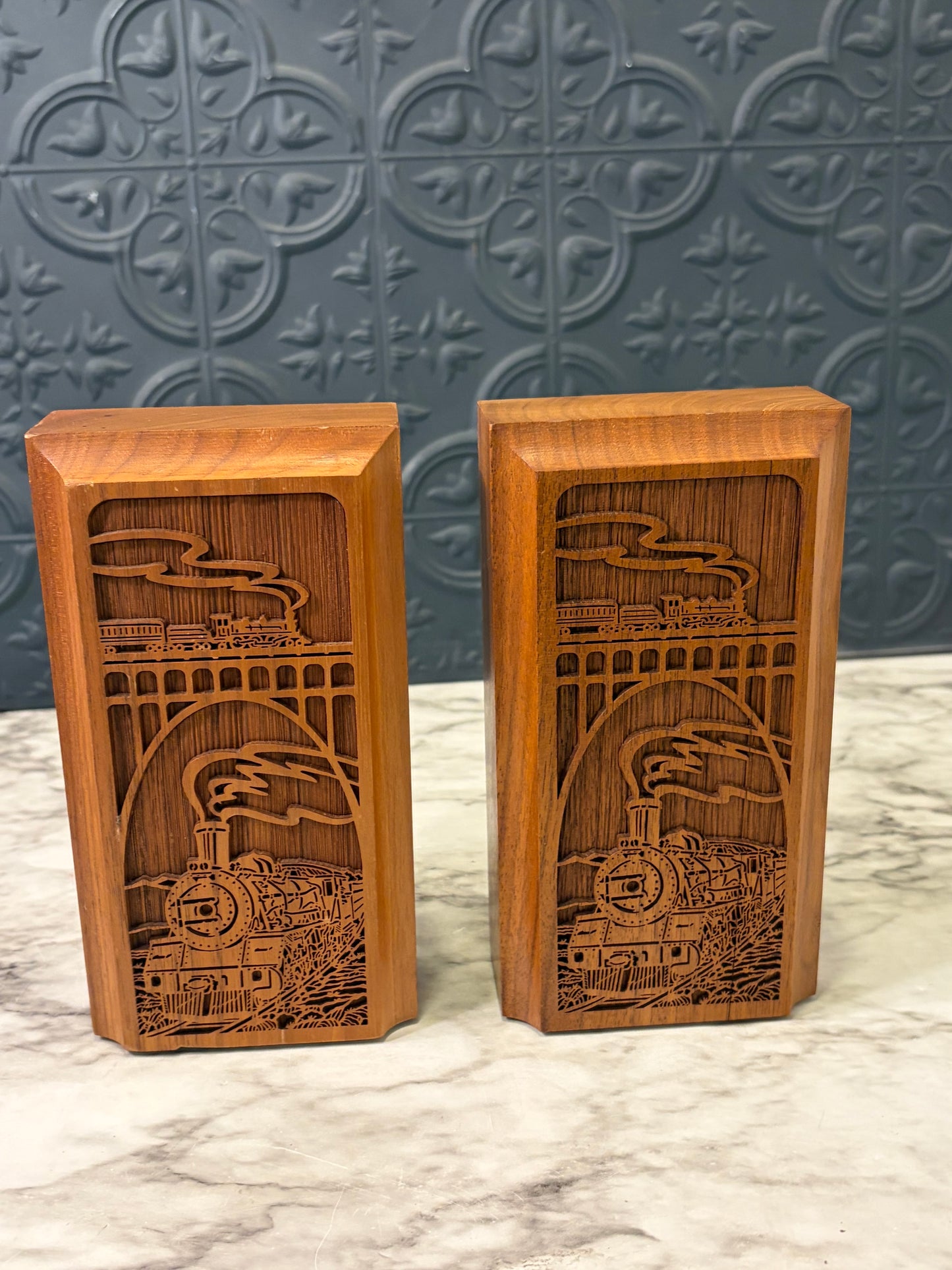 Walnut Wood Lazer Cut Train Bookends