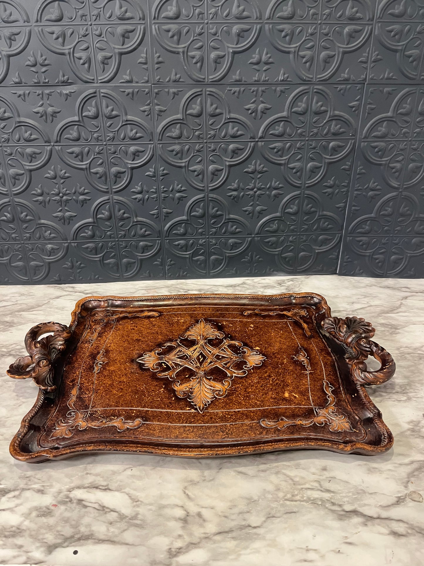 Decorative Tray with Bow Handles Brown Tones Heavy