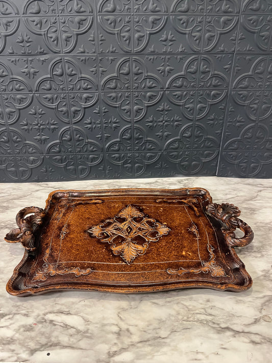 Decorative Tray with Bow Handles Brown Tones Heavy