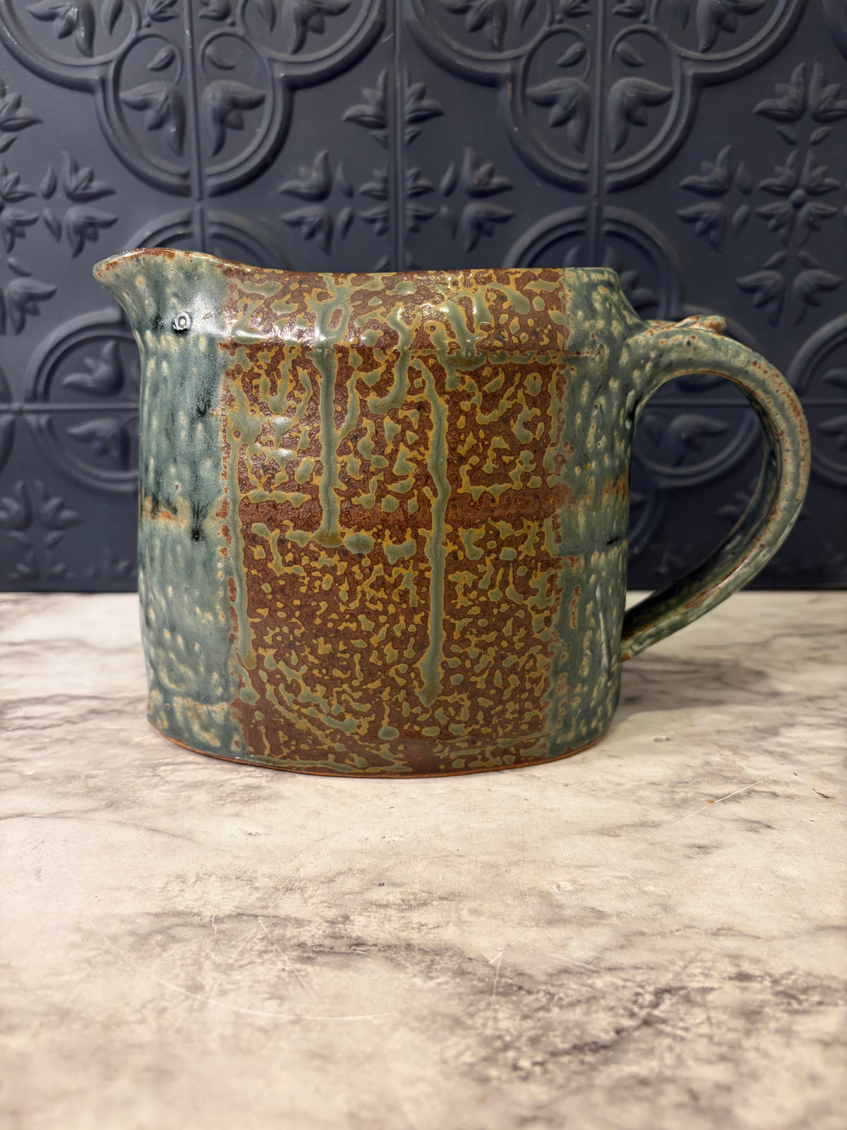 Blue and Brown Glazed Pottery Pitcher