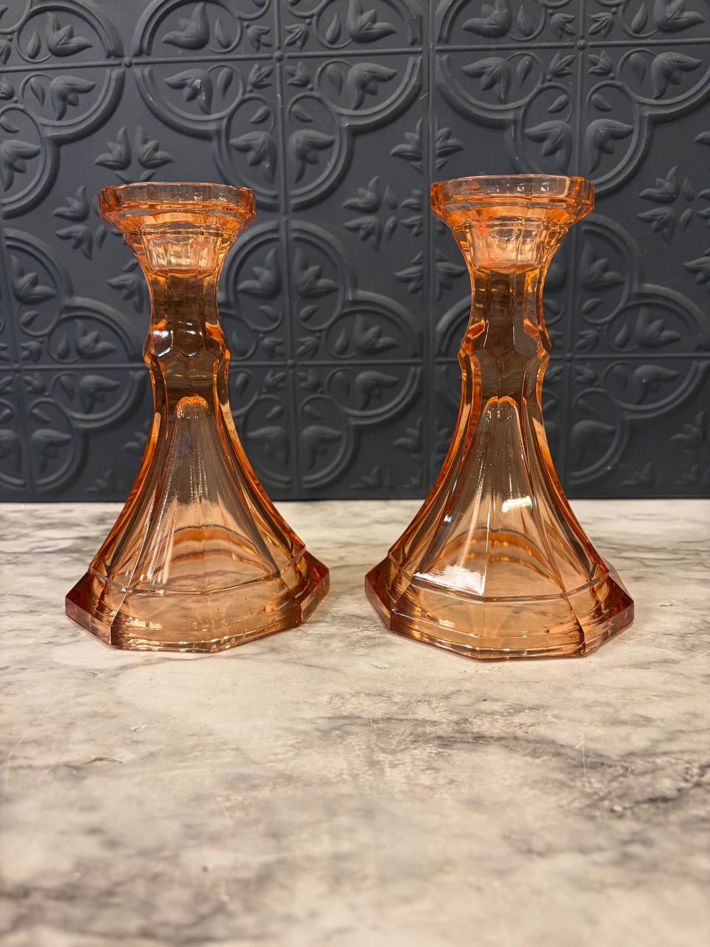 Fostoria Peach Pink Set of Two Glass Candle Holders