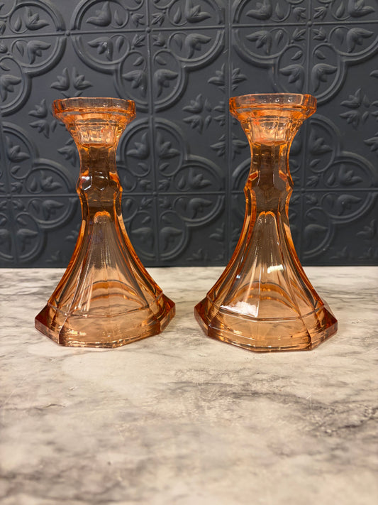 Fostoria Peach Pink Set of Two Glass Candle Holders
