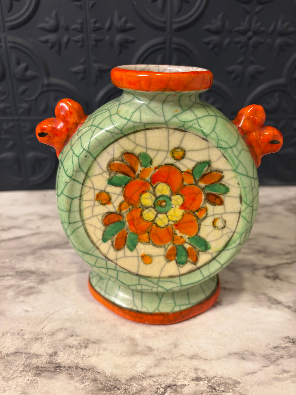 Vintage Japanese Hand Painted Vase Orange and Green