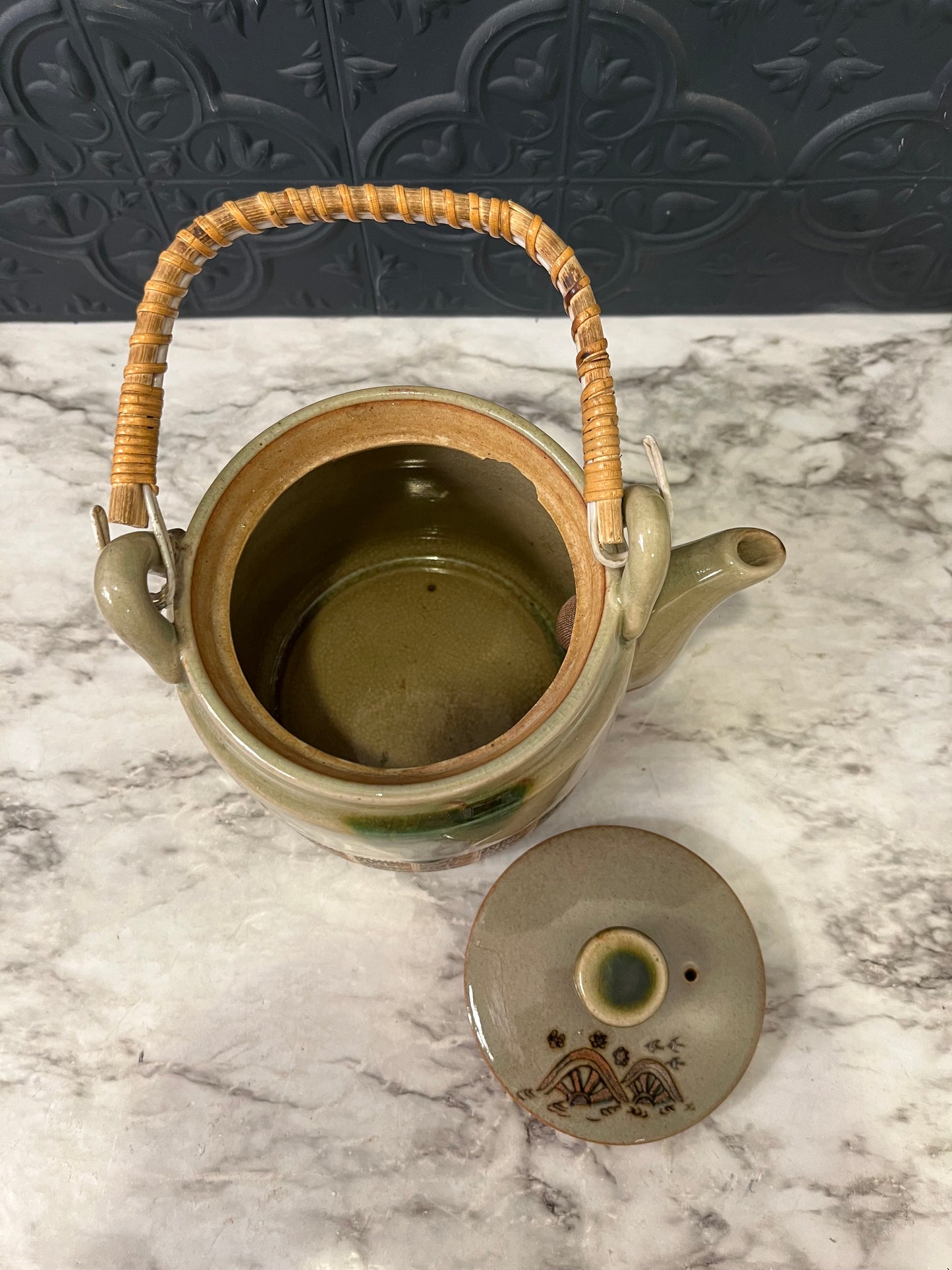 Vintage Japanese Teapot with Green Drip