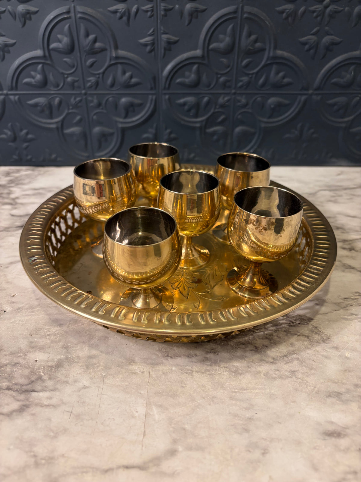 Etched Brass Tray with 6 Mini Brass Goblets