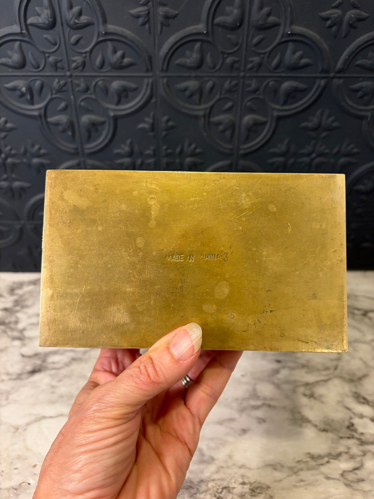 Brass Cigarette Box with Soapstone? Inlay