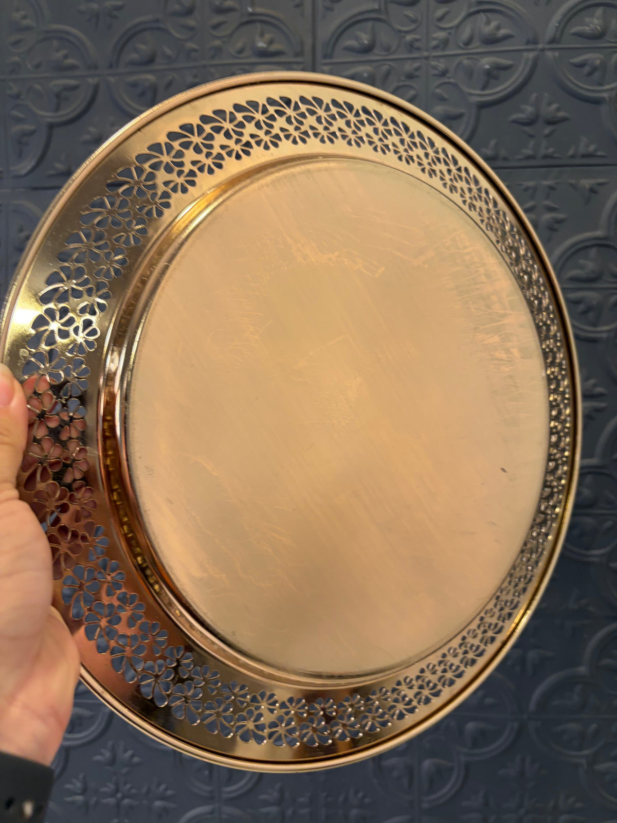 12.5" Round Brass Tray with Flower Cutouts