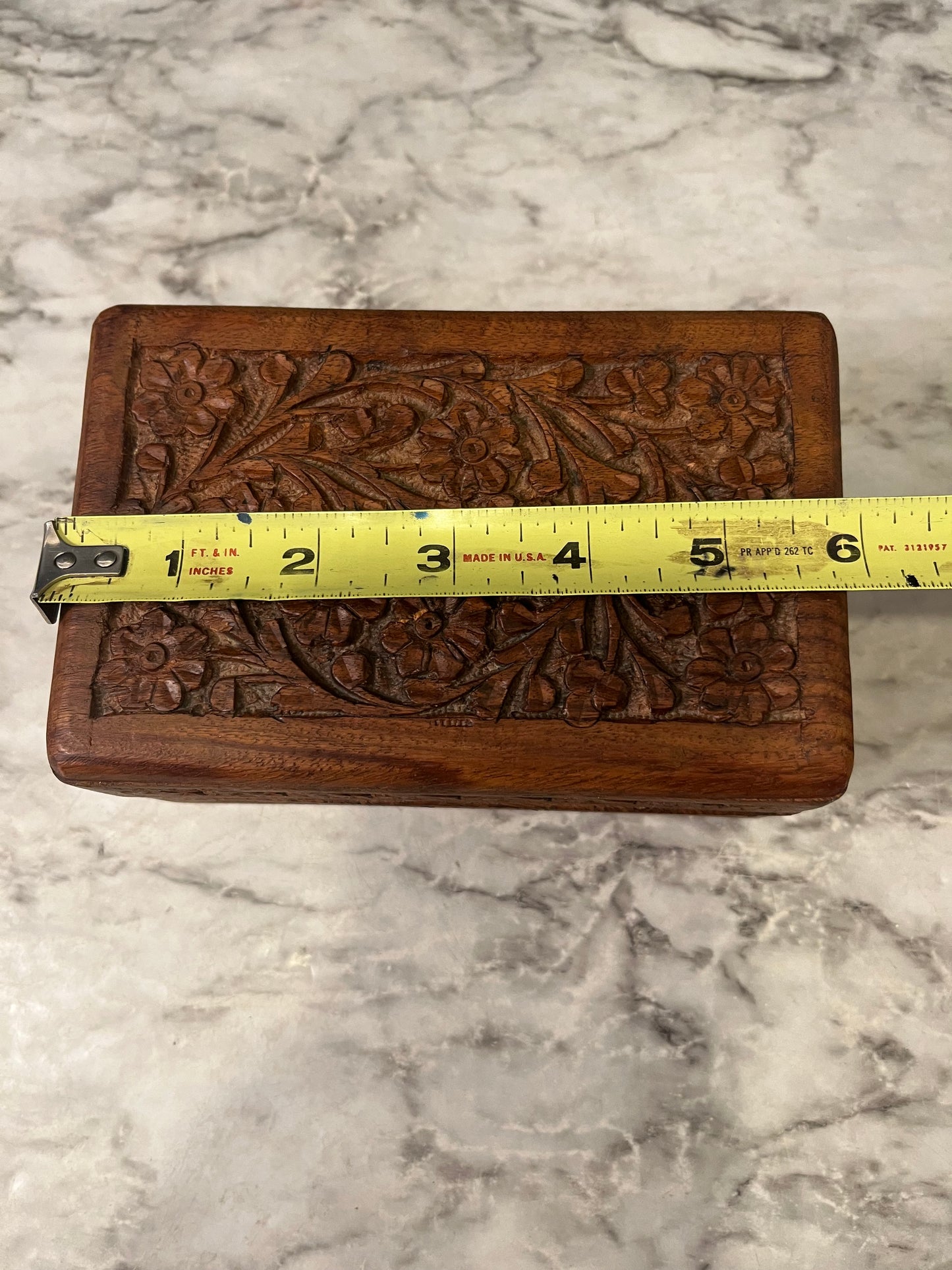 Carved Wood Box with Flowers 6"