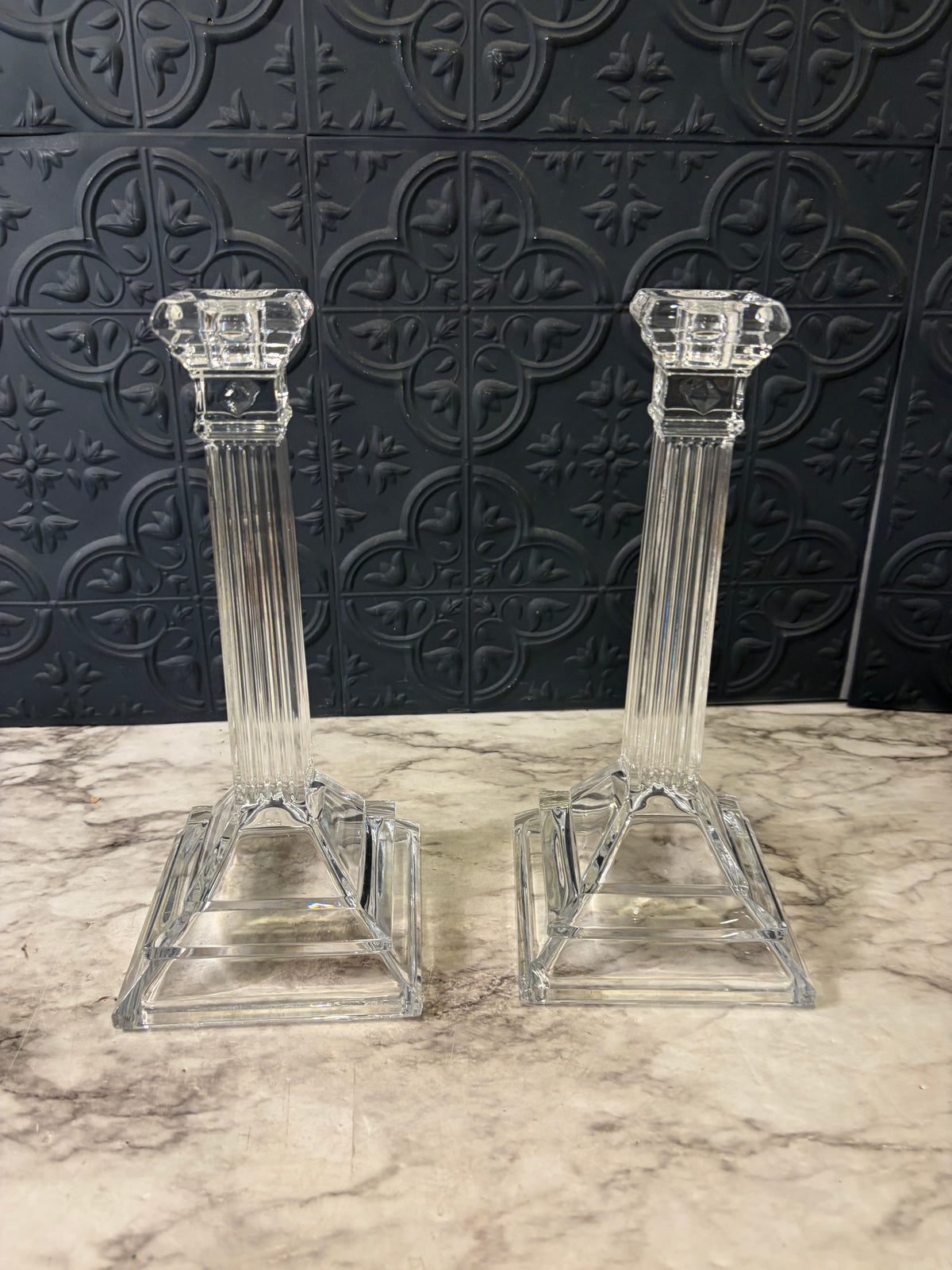 Shanon Crystal Roman Column Style Candlesticks - Chipped