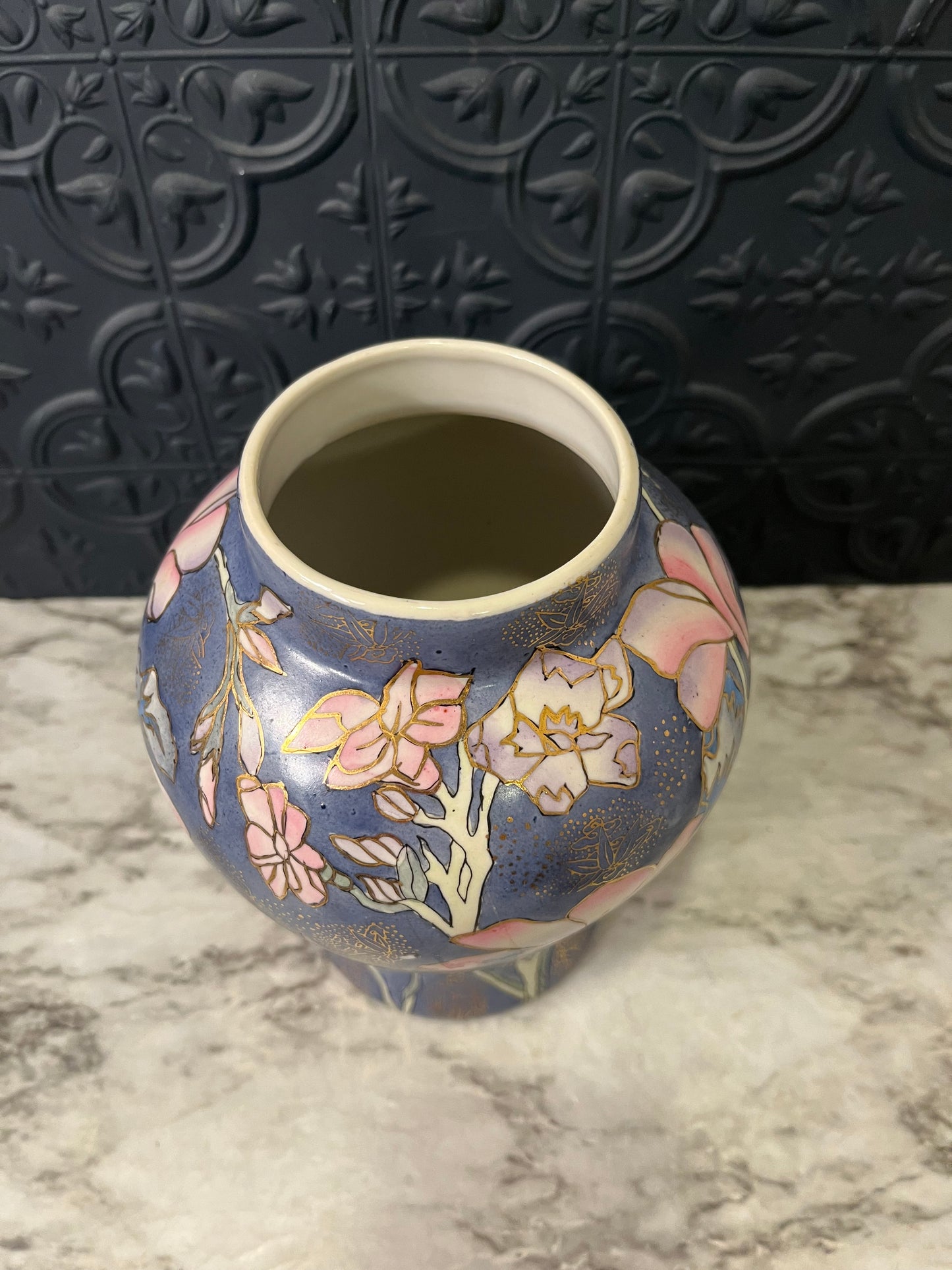 Blue and Pink Hand Painted Ginger Jar