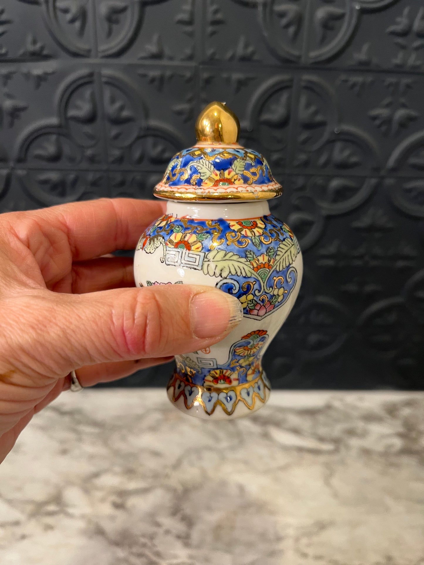 Mini Ginger Jar White with Blue and pink AS IS