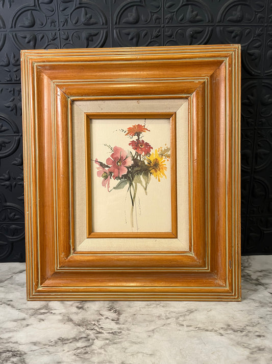 Light Wood Framed Floral Artwork Pink red and yellow