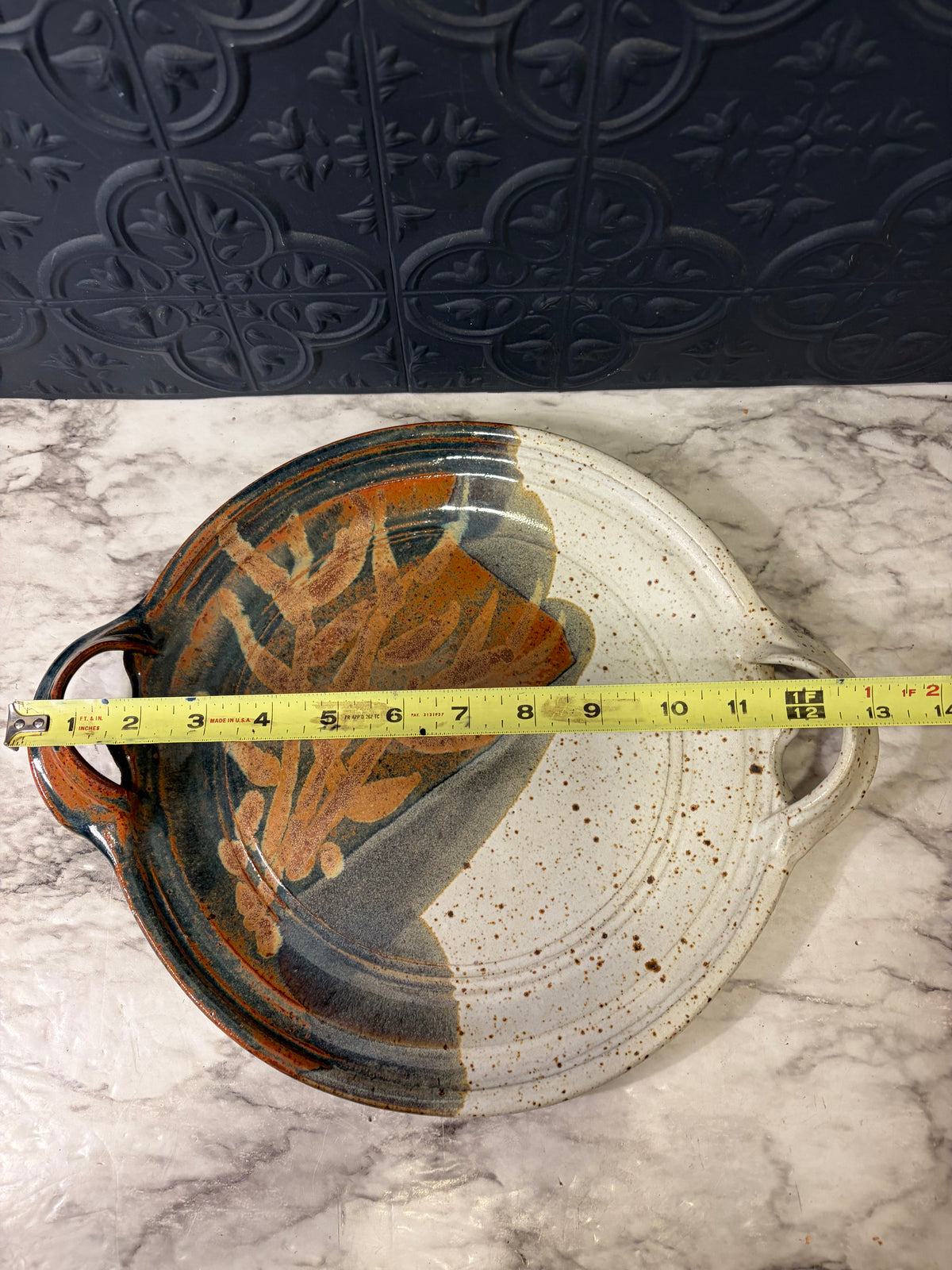 Pottery Tray with Handles Cream and Brown with Leaf Design