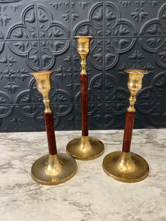 Set of 3 Brass and Wood Candle Holders Graduated