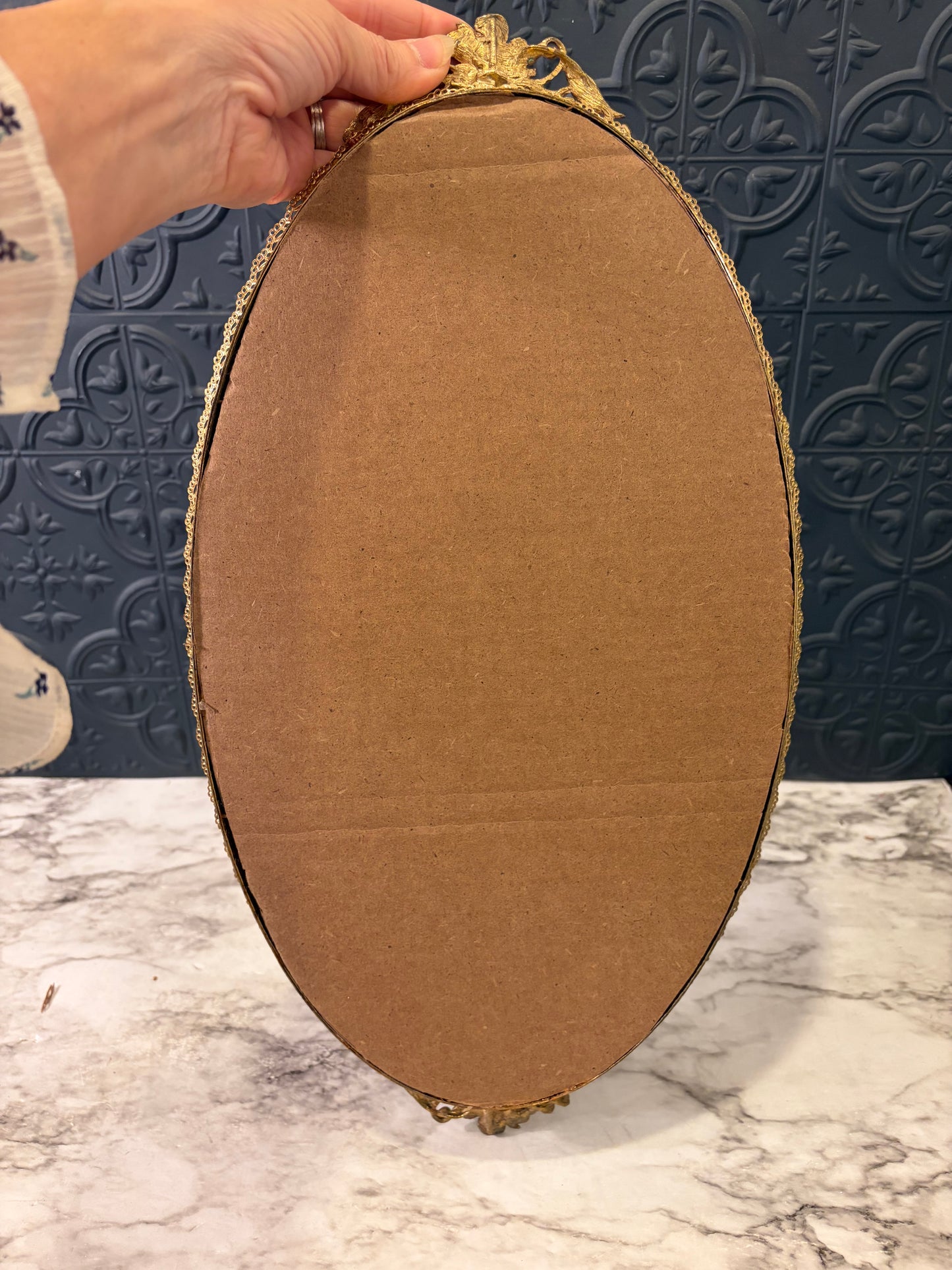 Vintage Oval Mirror Tray with Flower Handles 18"