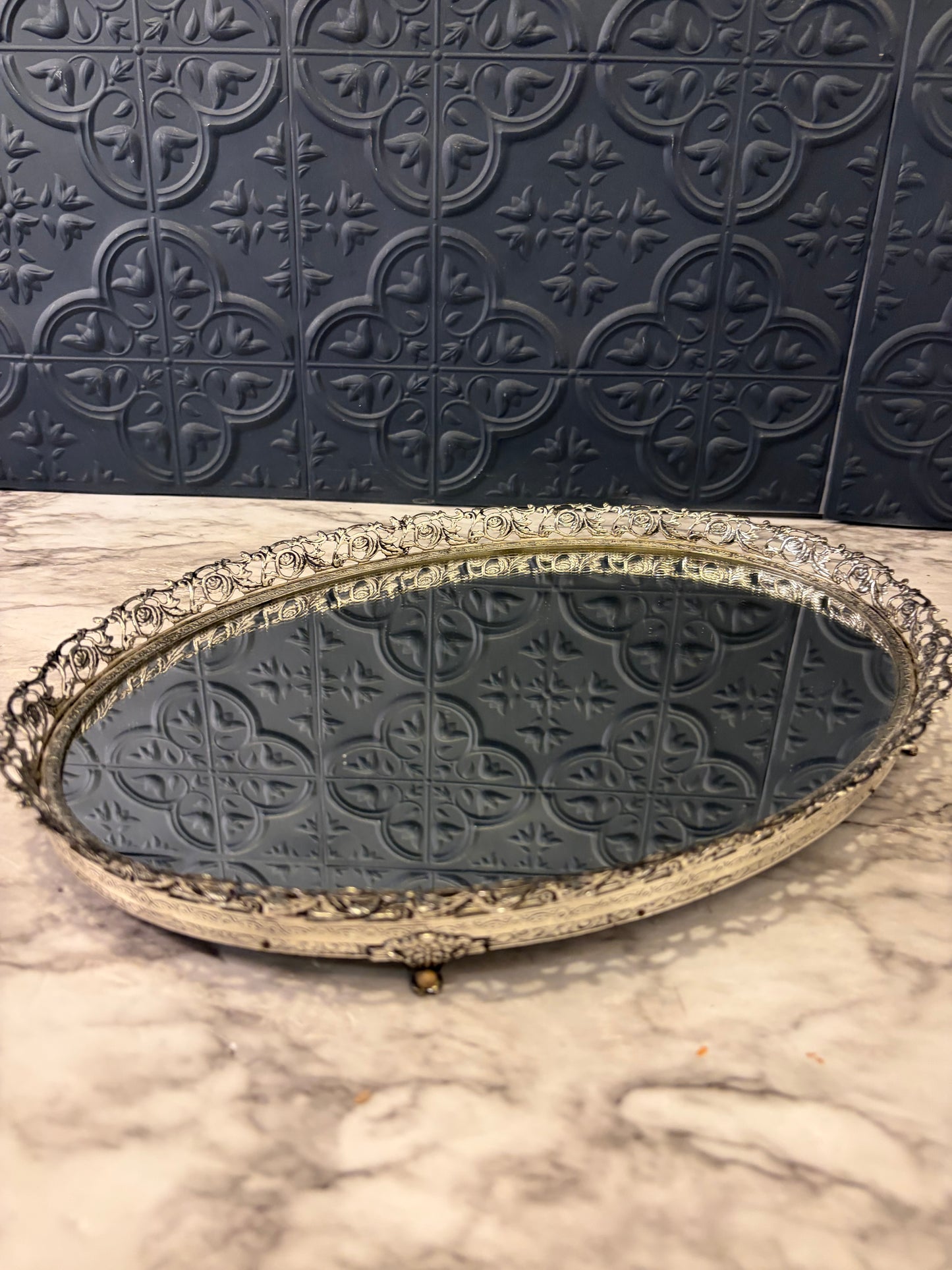 14" Silvertone Filigree Oval Mirror Tray