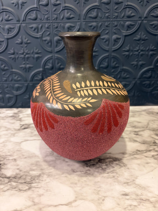 Decorative Pink and Grey Vase with Leaf Pattern