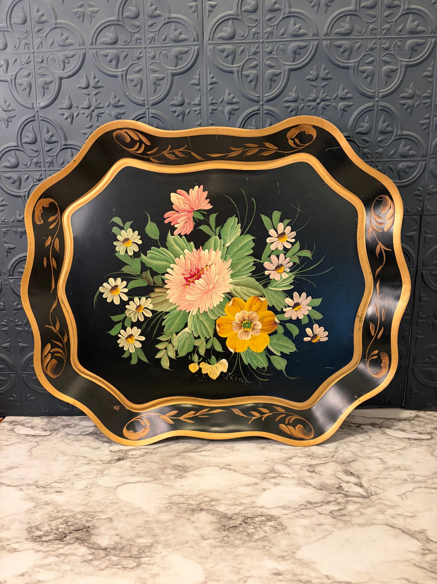 Black Tray with Hand Painted Flowers and Gold Trim
