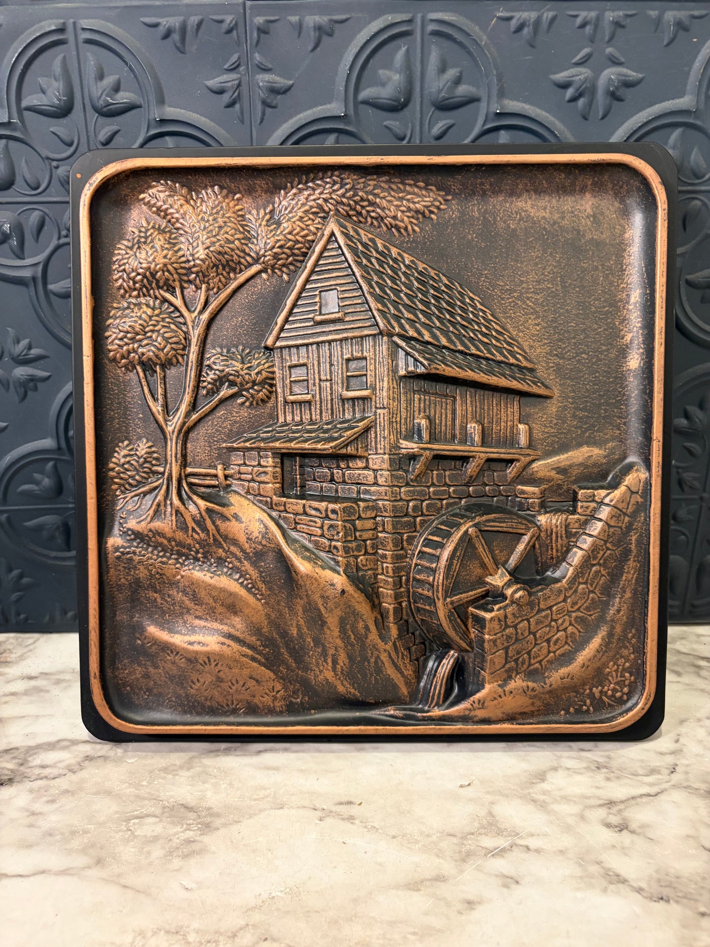Vintage 3D Relief Wall Plaque with Water Mill